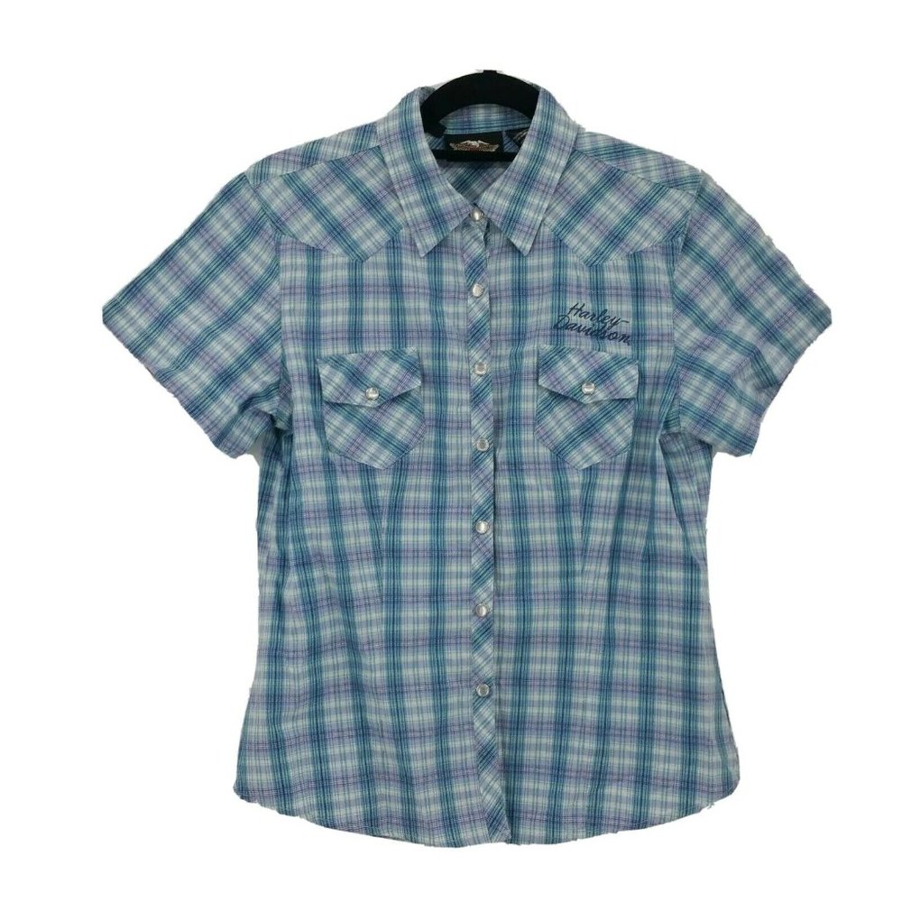 Harley Davidson Women Short Sleeve Pearl Snap Plaid Shirt Medium Blue Purple Top